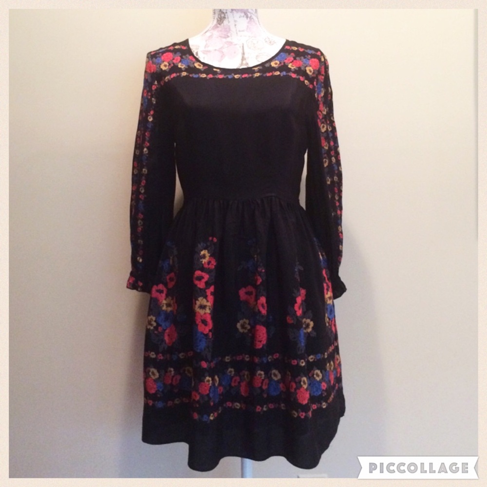 Free People Black Midi Dress with Floral Embroidery